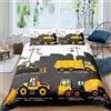 Loussiesd - Set di biancheria da letto per ragazzi e bambini, con stampa di escavatore/ruspa/camion/gru/veicoli da costruzione gialli disegnati, grigio/bianco, per letto matrimoniale