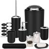 IMAVO Set di accessori da bagno - Set di 8 accessori da bagno neri con bidone della spazzatura, dispenser di sapone, portasapone, portaspazzolino, portaspazzolino, porta scopino, dispenser Qtip con