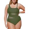 CUPSHE Costume da bagno intero da donna, taglie forti, in rete, controllo della pancia, con spalline rimovibili, costume da bagno, Verde militare, L
