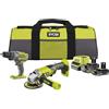RYOBI - Duo 18 V ONE+: Trapano a percussione 50 Nm Mandrino 13 mm LED & Smerigliatrice 115 mm 7.500 giri/min - Viene fornito con 1 batteria 4 Ah, 1 batteria 2 Ah, un caricabatterie e una grande borsa
