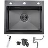 Bokaiya Lavandino Cucina Nero, 55 x 50 cm, Lavello Cucina 1 Vasca in Acciaio Inox, Lavello da Esterno per Camper con Set di Drenaggio e 3 Fori di Preforato, Installazione a Sopratop o Filotop