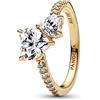 PANDORA Timeless Anello con doppio cuore scintillante placcato in oro 14 k con zirconia cubica trasparente, 56