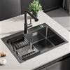 Sofetiy Lavello da incasso, 60 x 45 cm, colore nero, antracite, moderno, in acciaio inox, lavello da incasso, rettangolare, lavello da cucina, in acciaio inox, per mobiletto da 60 cm