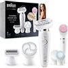 Braun Silk-épil 9 Flex Depilatore Donna, Epilatore Elettrico Donna con Testa Flessibile, Spazzola Esfoliante Corpo, Spugnetta Make Up Idea Regalo, SES9100 Bianco e Oro