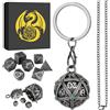 Keller & Weber Mini Set di Dadi DND, Portachiavi Portatile, Collana, Gabbia Forma di Sfera in Metallo D20 con Diamante Verde, 7 pezzi in Metallo Poliedrico Set di Dadi D&D, Regali di DND con Scatola, Argento Scuro