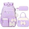 Bevalsa Zaino per la scuola, per ragazze, adolescenti, con borsa per il pranzo e astuccio, con fiocco, per il tempo libero, grande, impermeabile, zaino per la scuola, per bambini e donne, viola., L