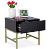 relaxdays Comodino Camera da Letto, Tavolino Quadrato con Cassetto, in Legno, Gambe in Acciaio Dorato, 50x50x50 cm, Nero