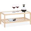 Relaxdays Tavolino da Salotto in Legno, 35 x 80 x 40 cm, Ripiano in Vetro, 2 Mensole, Tavolo Basso da Divano, Naturale