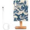 Ttgoth Lampada da comodino con onde del mare blu e bianco per camera da letto, piccola lampada da comodino a LED con porte USB e paralume in tessuto per soggiorno, dormitorio, casa, ufficio