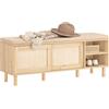 SoBuy Panca Scarpiera Ingresso con Seduta - Scarpiera con Cuscino Beige, 2 Ante Scorrevoli, Porta Scarpe in Legno MDF 230kg per Corridoio e Casa, 121x35x49cm FSR163-N