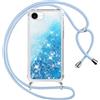 Vauki Cover per iPhone 16e con Cordino, Trasparente Glitter Liquido Antiurto Brillantini Tracolla Custodia, Antiurto Antigraffio Silicone Bumper Laccio Protettivo Case per iPhone 16e, Azzurro/Blu