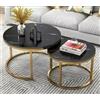 OHMG Set di 2 tavolino da salotto effetto marmo, tavolino per soggiorno, diametro 70 + 50 cm, grandi tavoli estraibili rotondi, aspetto marmo e struttura in acciaio dorato (nero+oro-70 x 70 x 45 cm)