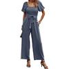 Toplop Tuta estiva da donna, elegante, con scollo quadrato e cintura, a maniche corte, con maniche a sbuffo, gamba larga, grigio/blu, 46
