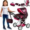 Kinderplay Carrozzina per Bambole, Passeggino per Bambole - Altezza Della Maniglia Regolabile di 36.6-64 cm, Passeggino Giocattolo 3in1, con Borsa, KP0200G
