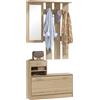 HOMCOM Mobile Appendiabiti 3 in 1 con Scarpiera e Specchio, Ganci e Cassetti, in Legno, 90x24x177 cm, color Quercia