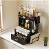 BAKAJI Credenza Scaffale Portaspezie in Metallo Nero Salvaspazio, Scaffalatura Organizer Portatutto con Vetrinetta Trasparente per Cucina, Base Antiscivolo e Cassetto, 41 x 28 x 52 cm (Nero)