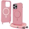 Bigcousin Magnetica Cover con Cordino per iPhone 15 Pro Max,[Compatibile con MagSafe], Cover in Silicone, Regolabile Cordino da Collo Nylon Catena Collana Tracolla,Rosa