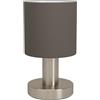 Eglo Lampada da tavolo Monetto, piccola lampada decorativa elegante per soggiorno, camera da letto, comodino, argentata, con paralume in tessuto color cappuccino, attacco E14, altezza 18 cm