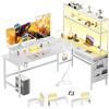 HLFURNIEU Scrivania Angolare con LED, 170 x 100 cm Scrivania Gaming a L con 3 Prese & 2 Porta USB, Tavolo Angolo Salvaspazio, con Libreria, Cassetti & Borsa Portaoggetti, Supporto per Monitor, Bianco