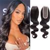 Huarisi 2x6 Lace Closure Human Hair Sew in 14 Inch Body Wave Braizlian with Baby Hair Transparent Lace Bleached Knots Natural Hairline Free Part Density 150%