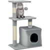 PawHut Tiragraffi per Gatti con Casetta, 2 Piattaforme e Pallina, in Legno, Sisal e Peluche, 50x30x81.5 cm, Grigio | Aosom Italy
