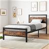 BORPHOM Telaio letto 90 x 200 cm, in metallo e legno, letto singolo, 90 x 200 cm, con testiera, in metallo, colore marrone e nero