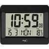 TFA Dostmann Orologio da parete digitale, 60.4519.01, radiocontrollato con temperatura, giorno della settimana (8 lingue) anche italiano, data, orologio da cucina, nero, plastica