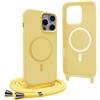 YFSYLL Magnetica Cover per iPhone 16 Pro Max con Cordino,Compatibile con MagSafe,Silicone Case con Regolabile Cordino da Collo Nylon Catena Collana Tracolla - Giallo