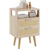 YMYNY Comodino, Tavolino con 2 cassetti, Decorato in Rattan fatto a mano, Comoda Boho, Gambe di legno massiccio, Scomparto Aperto, per Camera da Letto, Soggiorno, Naturale HST015N