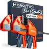 Presch Morsetti da falegname 150mm 2 pz - Set di morsetti con forza di serraggio di 75 kg - Acciaio al carbonio e corpo rinforzato in fibra di vetro per massima stabilità - Con funzione divaricazione