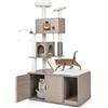 GYMAX Albero Tiragraffi per Gatti con Mobile Nascondi Lettiera, Torre per Gatti Tutto-in-uno con 2 Casette, Tiragraffi, Tappeti di Sisal, Palline, Spazzola, Mobile in Legno per Gatti Domestici