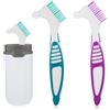 Tucnoeu Spazzolino da denti con custodia, spazzola per la pulizia della protesi, setole multistrato, manico ergonomico in gomma per la pulizia dei denti falsi (verde, viola)