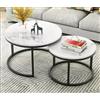 OHMG Set di 2 tavolino da salotto effetto marmo, tavolino per soggiorno, diametro 70 + 50 cm, grandi tavoli estraibili rotondi, aspetto marmo e struttura in acciaio dorato (nero+bianco-70 x 70 x 45 cm