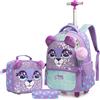 Egchescebo Zaino con Rotelle Bambina Trolley Animale Zainetto Asilo Scuola Elementare Primaria 17" 3PCS Borsa Pranzo Portamatite Media Carrello Ruote Valigia Ragazza per Rullo Valigia da Viaggio Viola