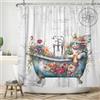 ASDCXZ Divertente tenda da doccia 180 x 180 cm, stile vintage, in legno, stile marittimo, divertente, gatto, fiori, foglie, lavabile, tenda da doccia in poliestere, impermeabile, per vasca da bagno