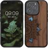 kwmobile Custodia Compatibile con Apple iPhone 16 PRO Cover - Back Case in Legno con Bumper in Silicone TPU - Sole Mandala Madreperla Marrone Scuro
