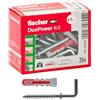 Fischer 25 Tasselli Duopower con Gancio Medio, grigio/rosso, 6 x 30 mm, Universali per Muro pieno, Mattone Forato, Cartongesso, 541744