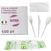 HYPER form Set Posate Biodegradabili e Compostabili Tris Forchetta Coltello Cucchiaio e Tovagliolo 100 Pezzi