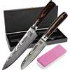 ZEUß Set di 2 coltelli damascati (32 cm e 24 cm) certificati 62 HRC in acciaio damascato a 67 strati, set di coltelli da cucina damascato con coltello da chef, coltello Santoku, pietra abrasiva