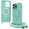 Bigcousin Magnetica Cover con Cordino per iPhone 15 Pro Max,[Compatibile con MagSafe], Cover in Silicone, Regolabile Cordino da Collo Nylon Catena Collana Tracolla,Verde menta