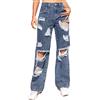 Rifuli Jeans larghi da donna a vita bassa gamba larga fori strappati boyfriend jeans, Blu, XL