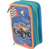 Pryma Astuccio 3 Scomparti, Double face, per Scuola Infanzia Elementari, 21 X 12.5 X 7 Cm, Pieno Con Accessori Scuola e 18 Pennarelli Giotto Turbo Color, 3 Zip (Bimbo Tigre e Macchina)