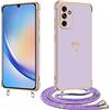 E-Lush Cover con Cordino per Samsung Galaxy A34, Ultra Sottile Cuore Amore Elettrolitico Cover per Samsung A34 5G, Morbido TPU Silicone Custodia con Regolabile Collana Antiurto Protettiva, Viola