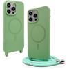 CUZZCASE Cover compatibile con iPhone 13 Pro Max(6.7),Cover Magnetica[Compatibile con MagSafe],Bumper con Laccio,regolabile Lanyard TPU Corda Silicone Case-Erba verde