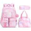 Tanou Set di Zaino Scuola Elementare Bambina, 3 Pezzi Traspirante Zaini per Bambini con Borsa Termica e Astuccio, Kawaii Zaino Ragazza in Nylon alla Moda con Ciondolo, Rosa
