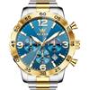 OLEVS Orologi da uomo, 44 mm, quadrante a tre occhi, cinturino in acciaio inox, movimento al quarzo, 30 m, impermeabile, vetro antigraffio, 3678 blu/oro/argento