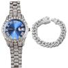 genkigold Orologio con Diamanti per Uomo - Quadrante Rotondo 40mm con Numeri Romani in Blu - Placcato in Platino Cinturino 22cm - Quarzo Giapponese - Gioiello di Lusso - Abbinato a Catena Cubana 20cm