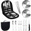 Byffoer Set di stoviglie da campeggio per 2 persone, set di posate da 12 pezzi, con forchette in acciaio inox, posate da campeggio, picnic, viaggi