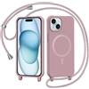 AOMYKE Magnetica Cover per iPhone 15 con Cordino, [Compatibile con MagSafe] Custodia con Laccio Collana Tracolla Collo Liquido Silicone Antiurto TPU Antiurto Case - Rosa