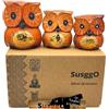 SusggO - Set di 3 gufi in legno, decorazione, intagliati a mano, gufo portafortuna, idea artistica, decorazione per mobili (Marrone dettagli dorati)